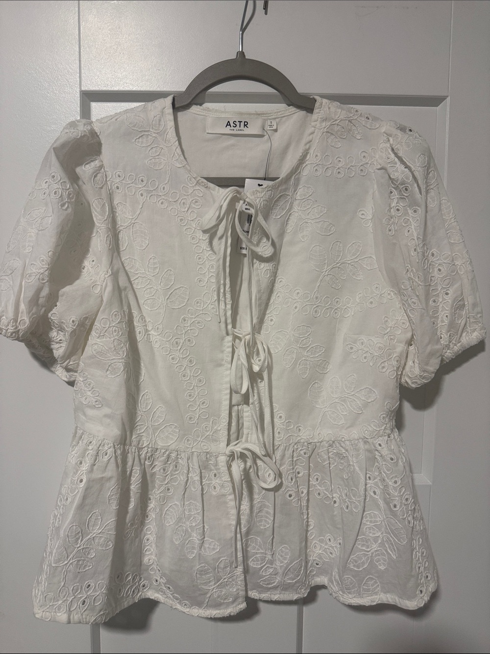 Astr White Embroidered Tie-Front Peplum Blouse